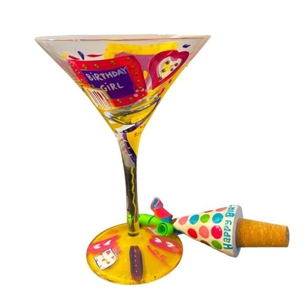 Happy Birthday Girl Lolita Martini Glass & BDay Wine Liquor Bottle Stopper‎ Cork